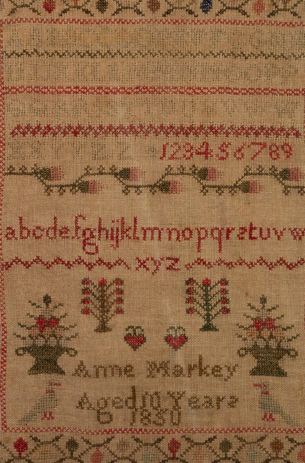 WILLIAM IV ALPHABET SAMPLER DECORATED WITH FLOWERING SHRUBS AND STRAWBERRIES, inscribed Anne