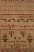 WILLIAM IV ALPHABET SAMPLER DECORATED WITH FLOWERING SHRUBS AND STRAWBERRIES, inscribed Anne