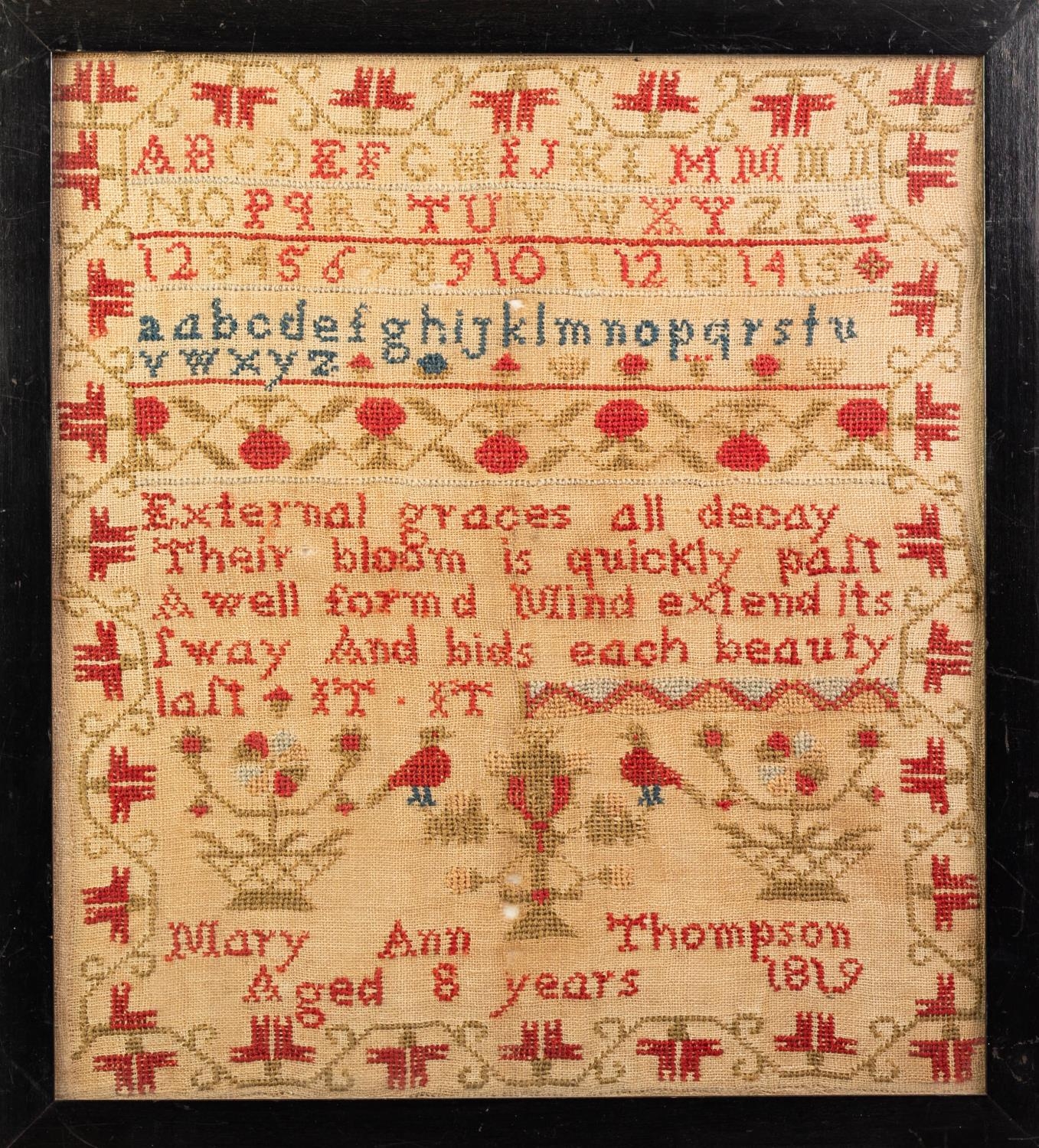 A LATE GEORGE III NEEDLEWORK SAMPLER, worked  with alphabet letters, numerals and a five line verse, - Image 2 of 2
