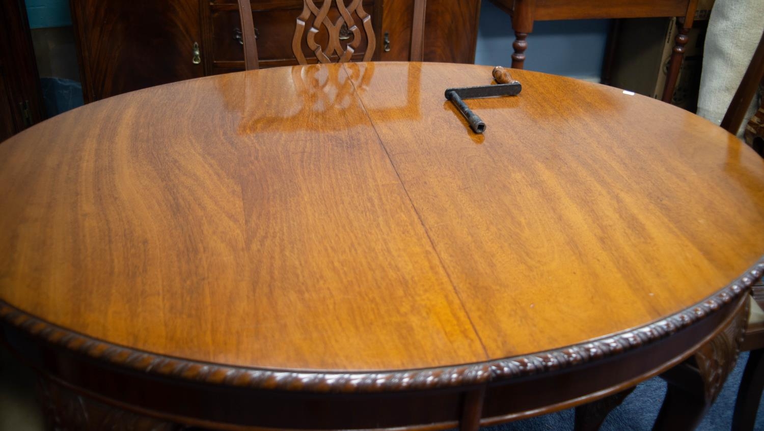 CHIPPENDALE STYLE MAHOGANY OVAL DINING TABLE, with gadroon carved edge, on four acanthus carved - Image 2 of 3