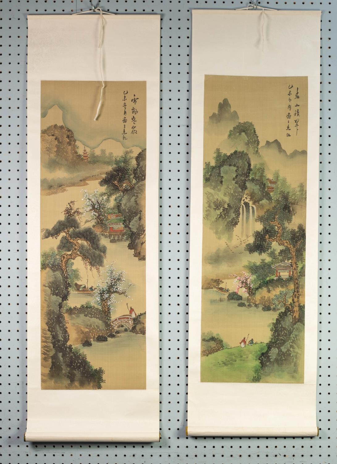 SIX CHINESE SMALL SCROLL PAINTINGS, mountainous river landscapes, figures at leisure, birds and - Image 4 of 5