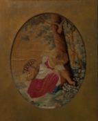 EARLY 19th CENTURY PAINTED AND EMBROIDERED ON OVAL SILK PANEL, young woman with basket bending to