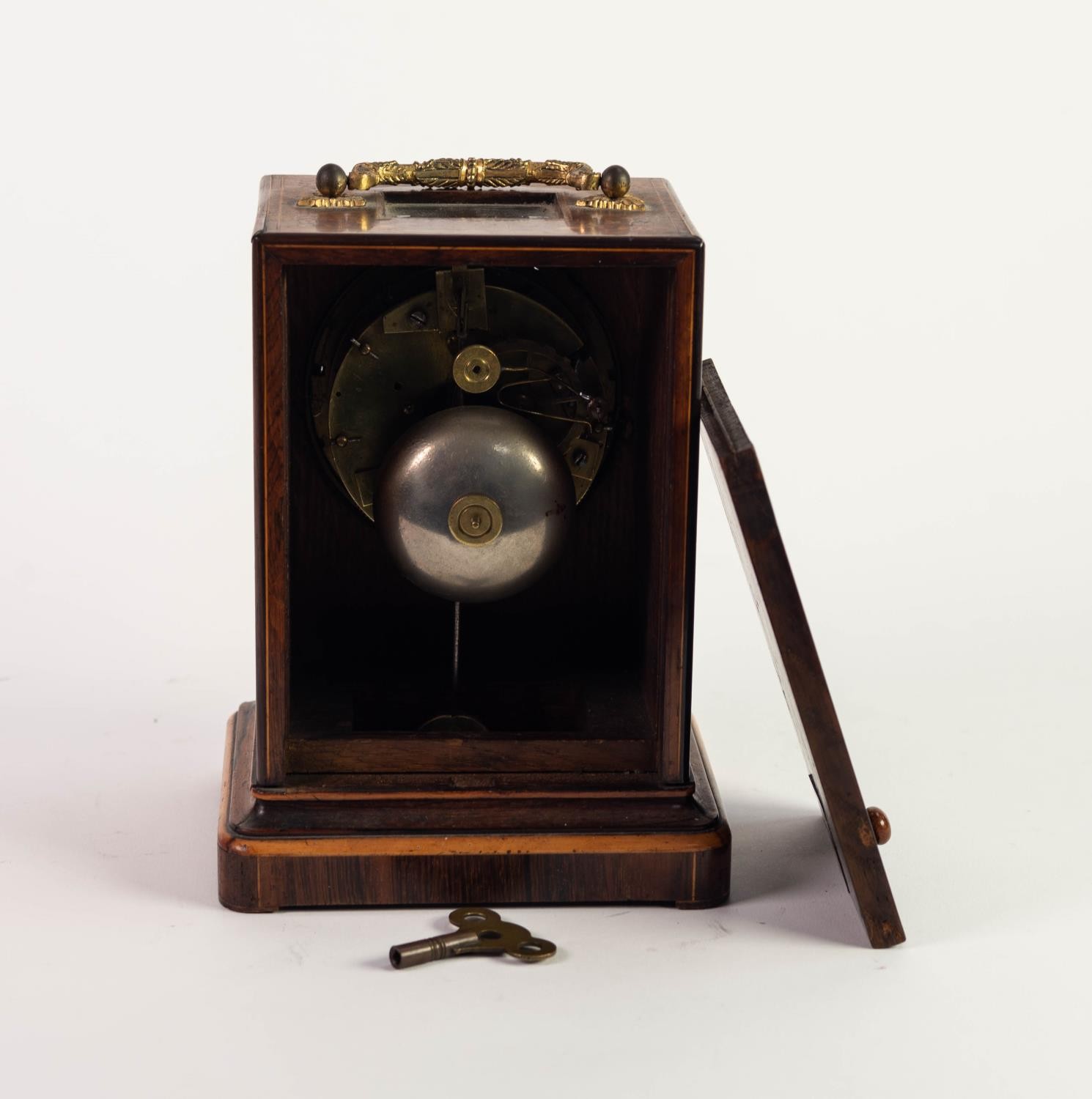 MID TO LATE VICTORIAN INLAID ROSEWOOD CASED CARRIAGE TYPE MANTEL CLOCK, having 8 days drum shaped - Image 3 of 3