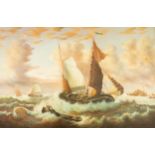 T. SLOWSKY (TWENTIETH CENTURY)  OIL PAINTING ON CANVAS Fishing boats and longboat in a rough sea