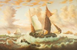 T. SLOWSKY (TWENTIETH CENTURY)  OIL PAINTING ON CANVAS Fishing boats and longboat in a rough sea