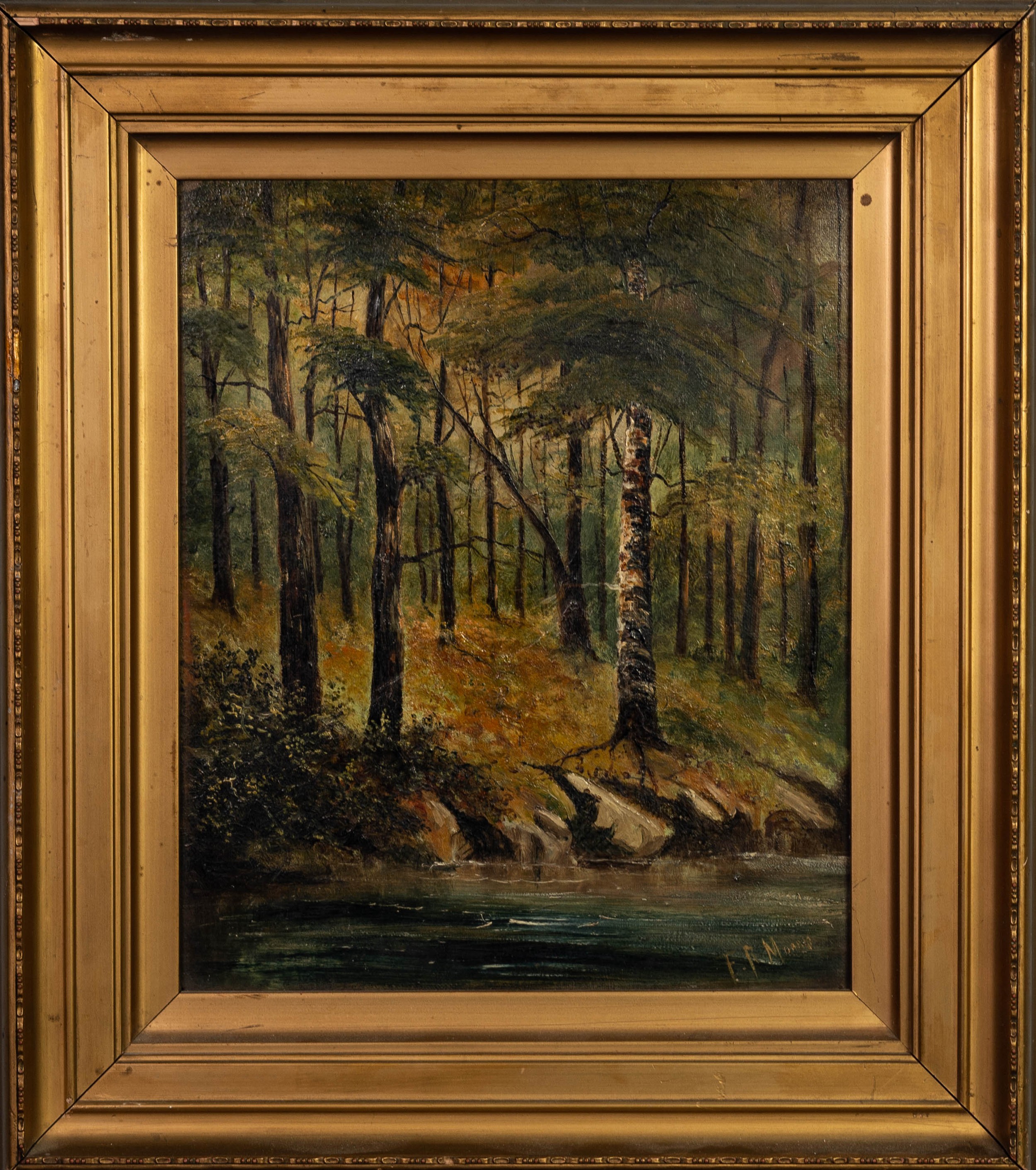 F.R. MORRIS OIL PAINTING ON CANVAS Wooded hillside with view in foreground Signed lower right 11 1/ - Image 2 of 2