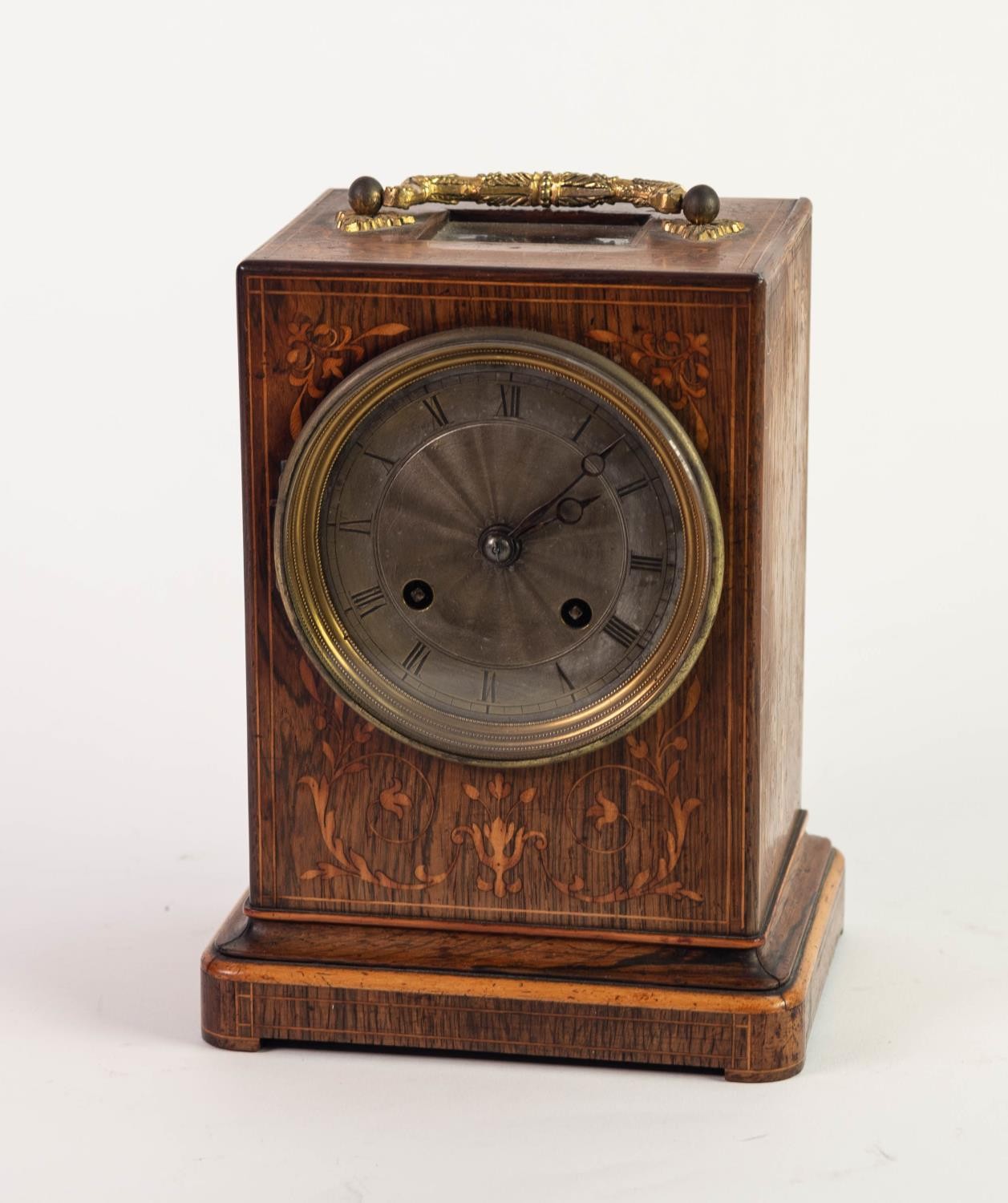 MID TO LATE VICTORIAN INLAID ROSEWOOD CASED CARRIAGE TYPE MANTEL CLOCK, having 8 days drum shaped