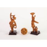 PAIR OF CHINESE CARVED BLOND WOOD FIGURES OF FEMALE DANCERS, each modelled in stylised pose, on a