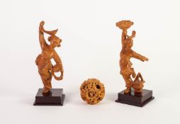 PAIR OF CHINESE CARVED BLOND WOOD FIGURES OF FEMALE DANCERS, each modelled in stylised pose, on a