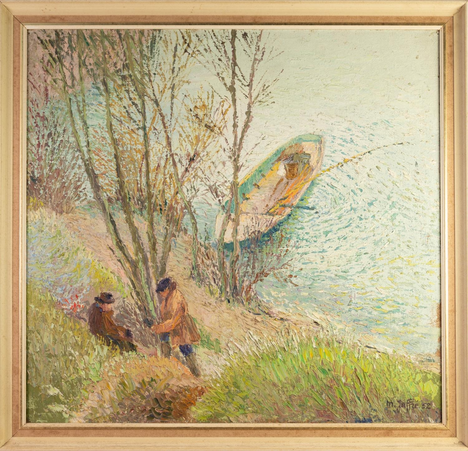 M. GAFFIE (20th Century) HEAVY IMPASTO OIL PAINTING ON CANVAS Two fishermen at rest on the banks - Image 2 of 2