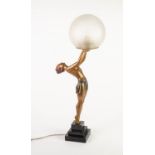 1930s COLD PAINTED SPELTER FIGURAL ELECTRIC TABLE LAMP, the Lorenzl-type semi-nude female standing