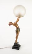 1930s COLD PAINTED SPELTER FIGURAL ELECTRIC TABLE LAMP, the Lorenzl-type semi-nude female standing