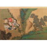 CHINESE GOUACHE PAINTING ON SILK, painted in colours and depicting woman playing a board game, in