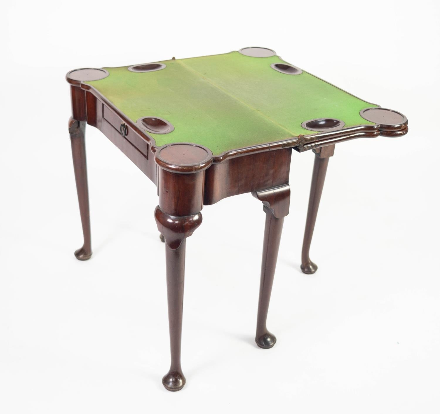 EARLY GEORGE III MAHOGANY COMBINATION FOLD-OVER TEA AND CARD TABLE, the shaped oblong, triple hinged - Image 3 of 4
