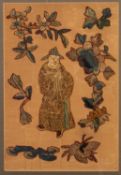 CHINESE CREWEL AND STUMP WORK ON SILK PANEL, finely worked in colours and gilt with a central figure