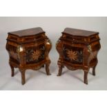 MODERN PAIR OF LOUIS XV STYLE INLAID, CROSSBANDED AND GILT METAL MOUNTED FIGURED WALNUT AND KINGWOOD