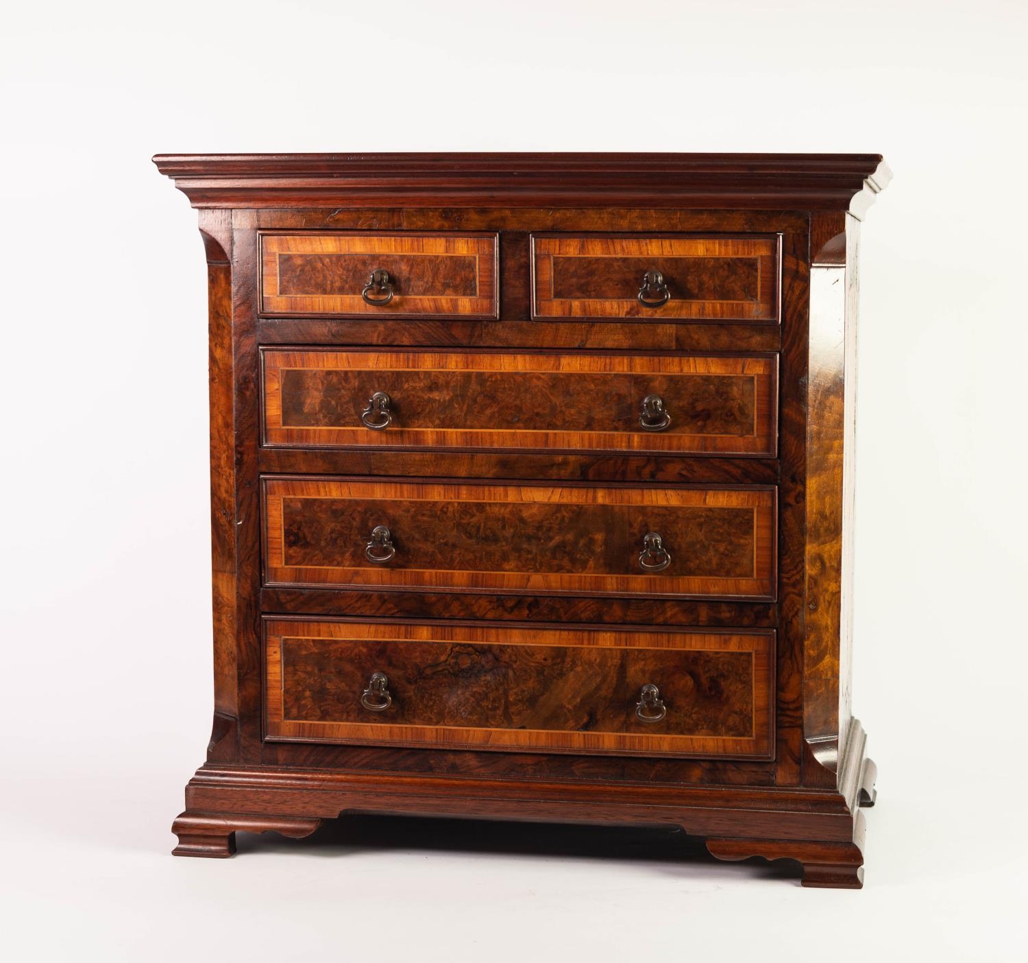 EARLY TWENTIETH CENTURY BURR WALNUT AND TULIPWOOD CROSSBANDED ?APPRENTICE PIECE? MINIATURE CHEST