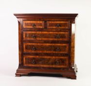 EARLY TWENTIETH CENTURY BURR WALNUT AND TULIPWOOD CROSSBANDED ?APPRENTICE PIECE? MINIATURE CHEST