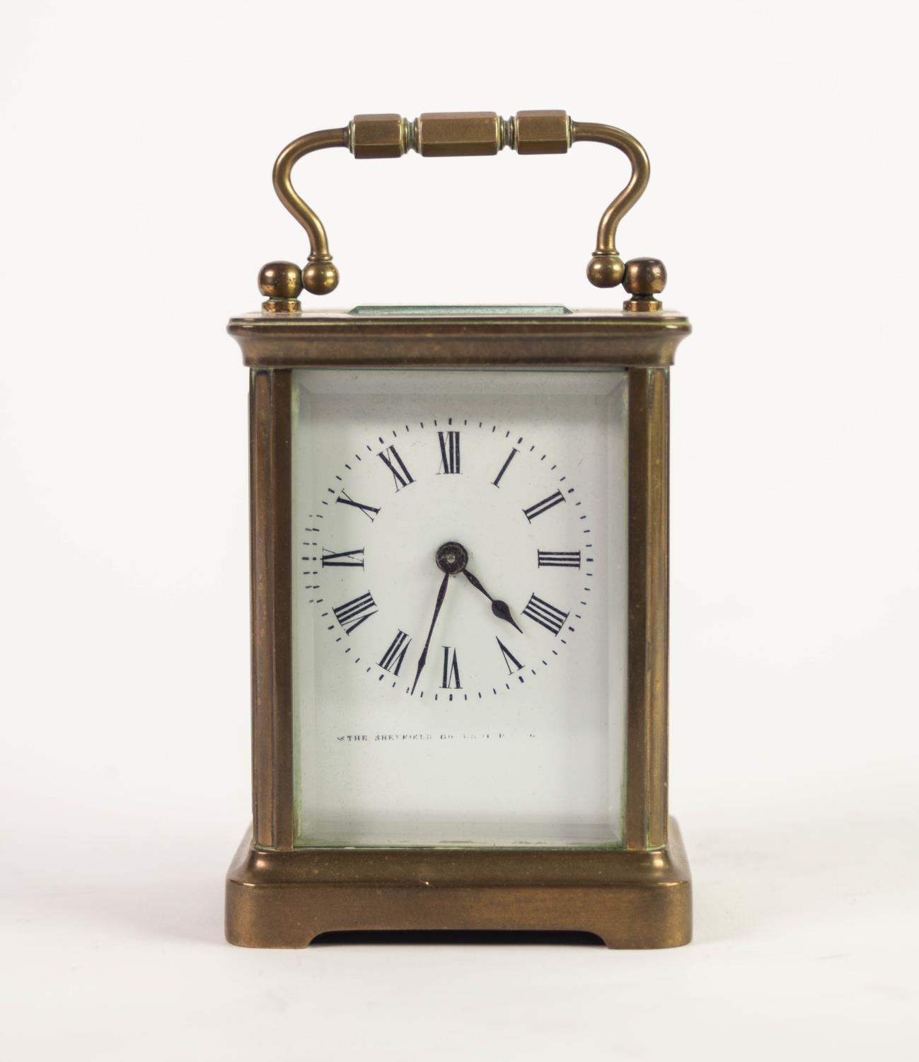 EARLY 20th CENTURY BRASS TIME PIECE CARRIAGE CLOCK with black and white roman dial, folding - Image 3 of 6