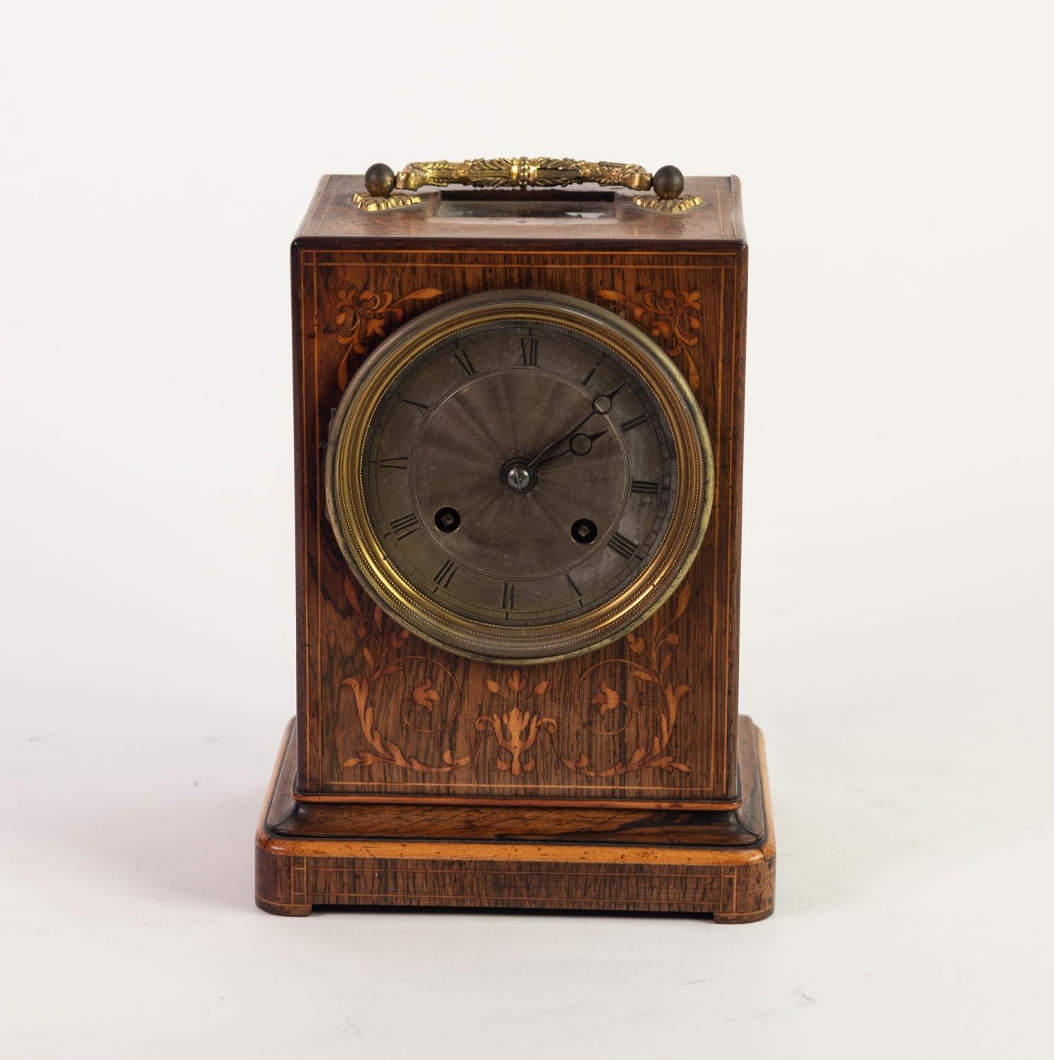 MID TO LATE VICTORIAN INLAID ROSEWOOD CASED CARRIAGE TYPE MANTEL CLOCK, having 8 days drum shaped - Image 2 of 3