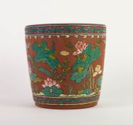 CHINESE REPUBLIC PERIOD YI HSING (KIANGSU PROVINCE) RED STONEWARE JARDINIERE, polychrome enamelled