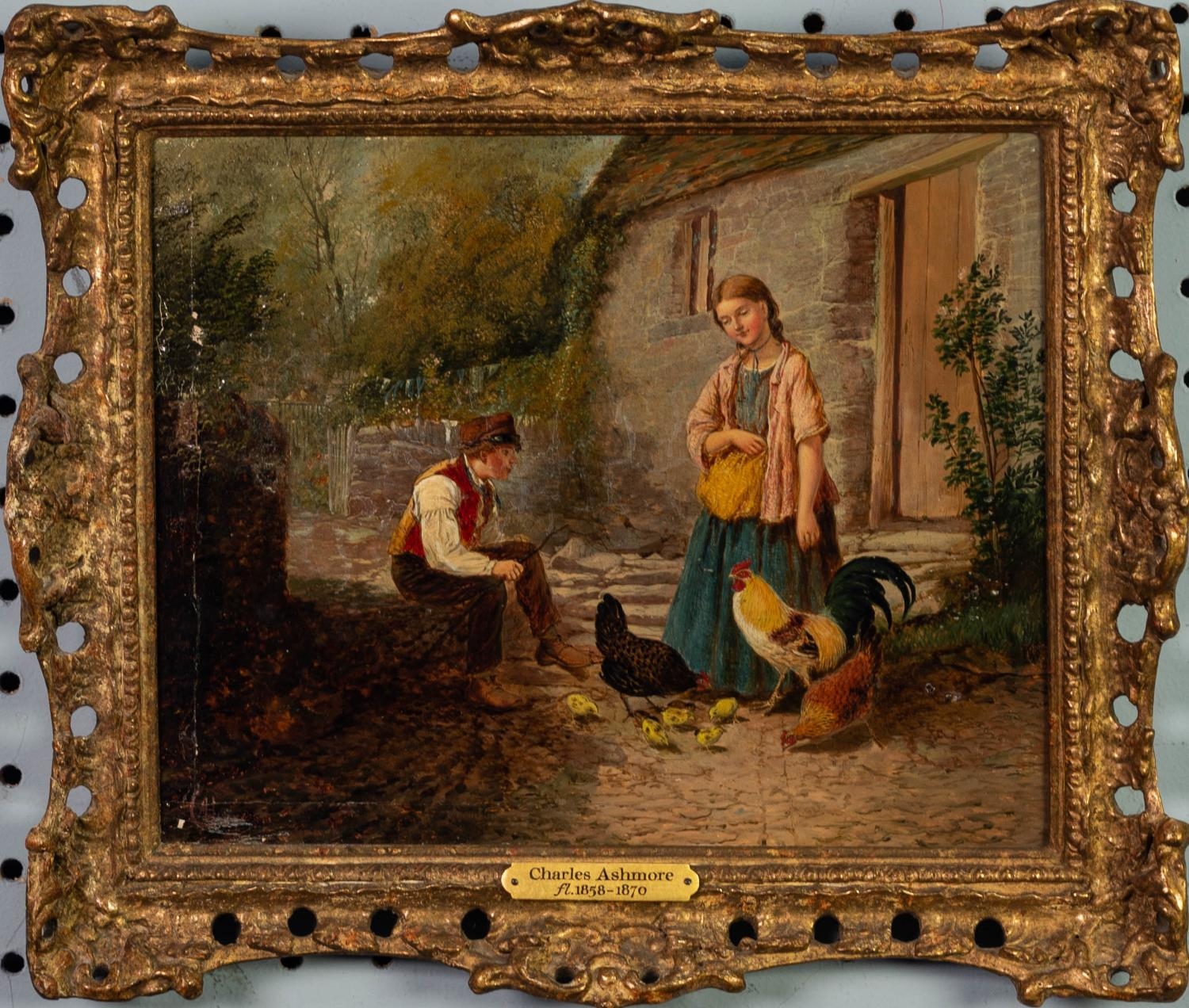 CHARLES ASHMORE (1851-1925) PAIR OF OIL PAINTINGS Children playing Farmyard scene with children - Image 2 of 4