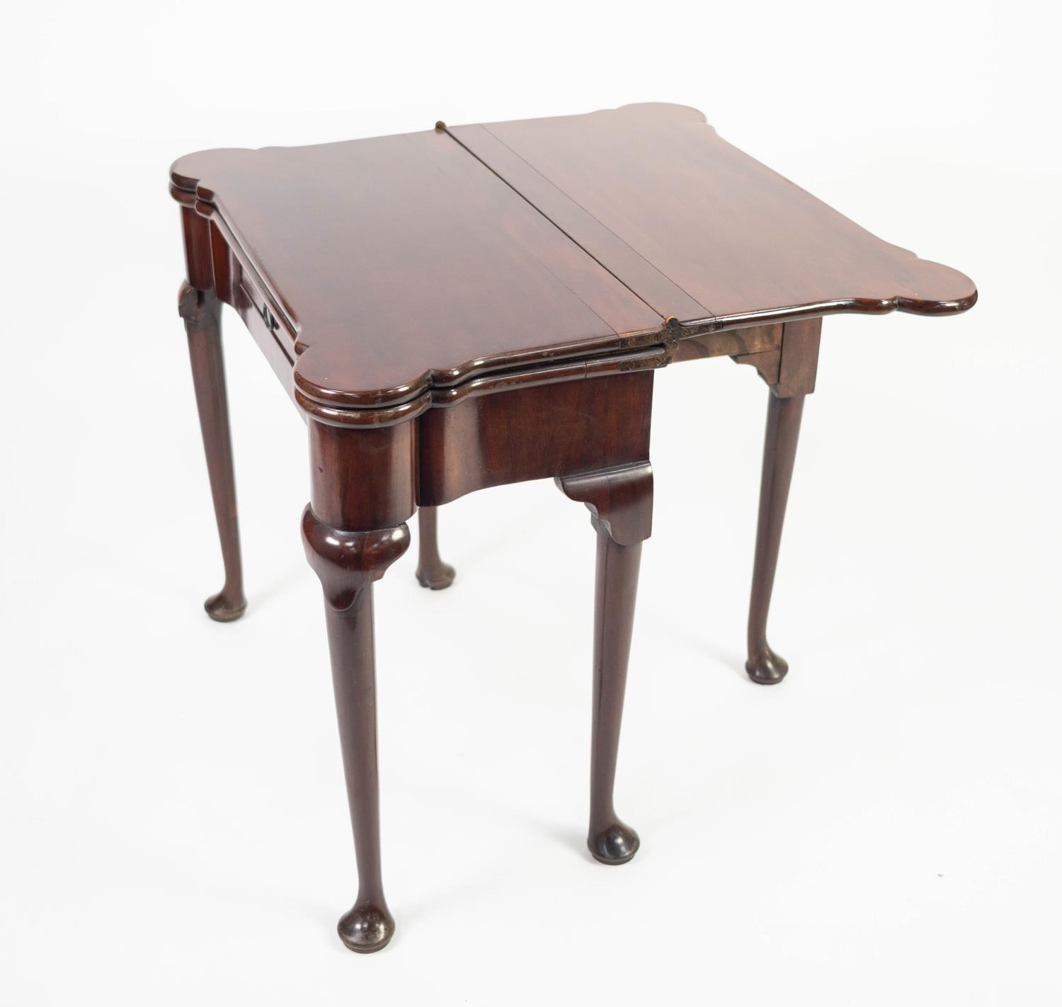 EARLY GEORGE III MAHOGANY COMBINATION FOLD-OVER TEA AND CARD TABLE, the shaped oblong, triple hinged - Image 2 of 4