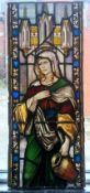 PAIR OF TWENTIETH CENTURY FIGURAL LEADED GLASS PANELS, ?RUTH? and ?NAOMI?, each of three sections,