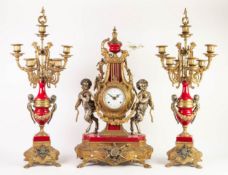 MODERN ?IMPERIAL?, ITALIAN GILT METAL AND RED PAINTED METAL THREE PIECE CLOCK GARNITURE, THE CLOCK