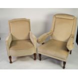 NINETEENTH CENTURY STAINED BEECH EASY OPEN ARMCHAIR, the sectioned upholstery covering the entire