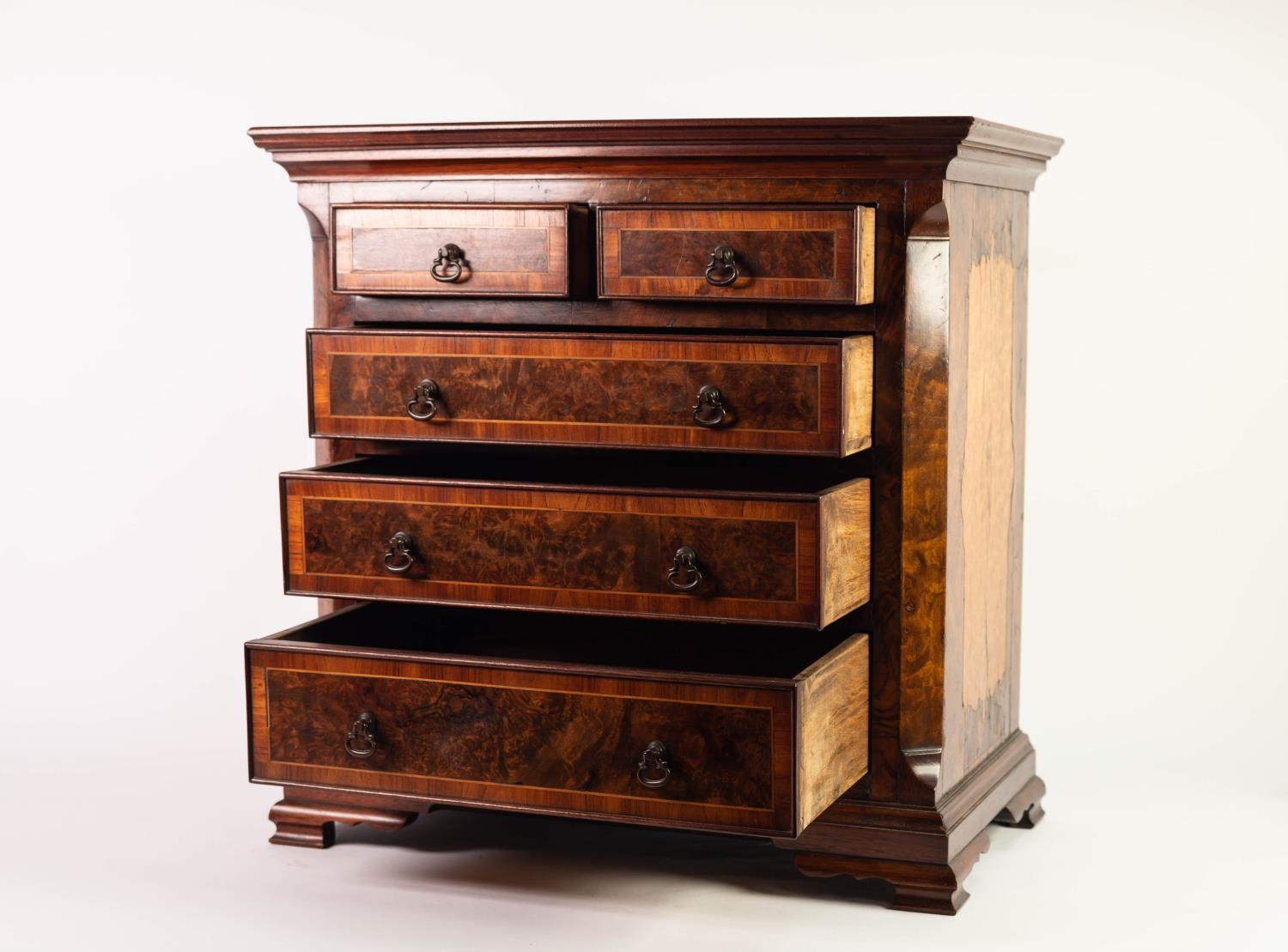 EARLY TWENTIETH CENTURY BURR WALNUT AND TULIPWOOD CROSSBANDED ?APPRENTICE PIECE? MINIATURE CHEST - Image 6 of 6