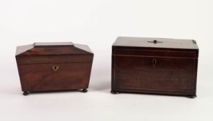 GEORGE III LATE 18th CENTURY MAHOGANY OBLONG TEA CADDY crossbanded with boxwood stringing and edging