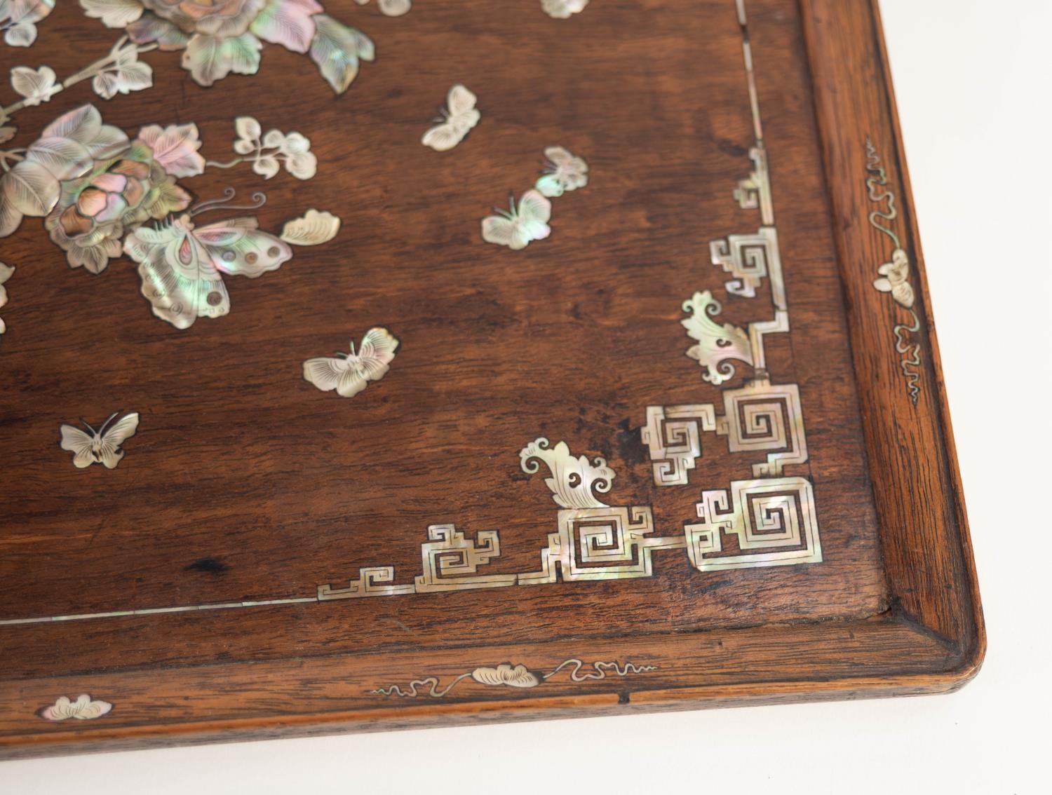 LATE NINETEENTH CENTURY CHINESE MOTHER OF PEARL INLAID HARDWOOD TRAY, of moulded rectangular form, - Image 8 of 12