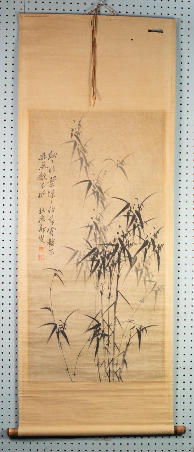 THREE CHINESE MONOCHROME SCROLL PAINTINGS, one depicting bamboo, another of a tranquil village - Image 3 of 3