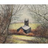 DAVID FORD WATERCOLOUR DRAWING Oldham landscape with church on hill Signed and dated (19)'91 8 3/4in
