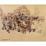 MARGARET CHAPMAN OIL PAINTING ON CANVAS Northern street scene with numerous figures, horse-drawn