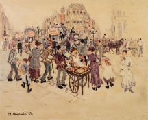 MARGARET CHAPMAN OIL PAINTING ON CANVAS Northern street scene with numerous figures, horse-drawn