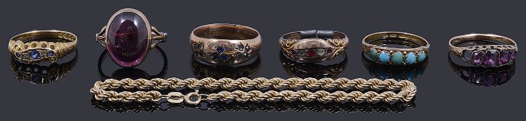A collection of Victorian and later rings together with a rope bracelet
