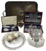 A collection of early 20th century electroplate to include a Dresser style spirit kettle on stand