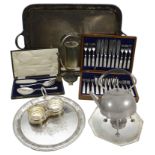 A collection of early 20th century electroplate to include a Dresser style spirit kettle on stand