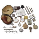 A collection of silver items to include a George III silver propelling pencil and pocket watches