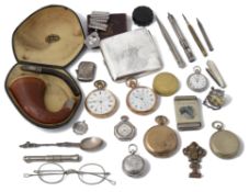 A collection of silver items to include a George III silver propelling pencil and pocket watches