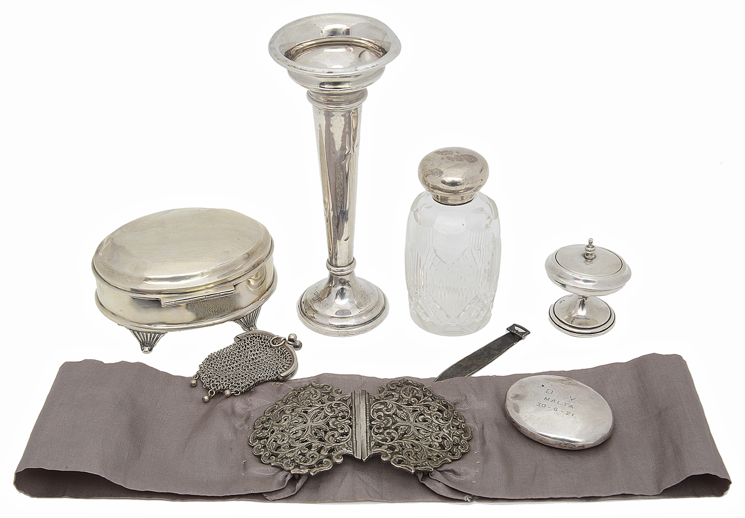 Collection of early 20th c. silver to include a Maltese silver nurses buckle and jewellery box