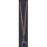 A 9ct gold graduated curb link watch chain with a 9ct gold cushion cut amethyst swivel fob