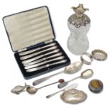 A collection of assorted silver to include a Spanish novelty fish cruet, pin dishes, spoons etc.