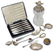 A collection of assorted silver to include a Spanish novelty fish cruet, pin dishes, spoons etc.