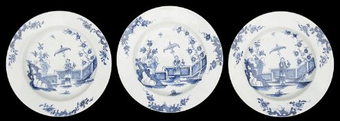 Three Lowestoft blue and white plates c.1770