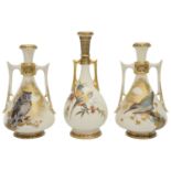 Late 19th c. Royal Worcester blush ivory twin handled bottle vases attributed to Charles Baldwyn