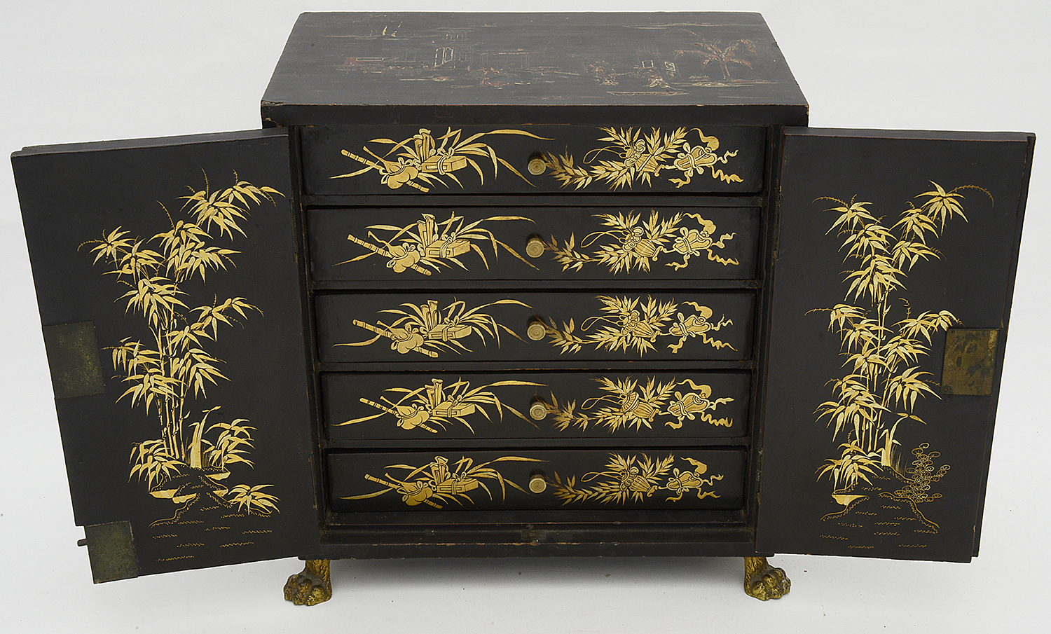 A mid 19th century Chinese export gilt decorated black lacquer table cabinet - Image 2 of 4