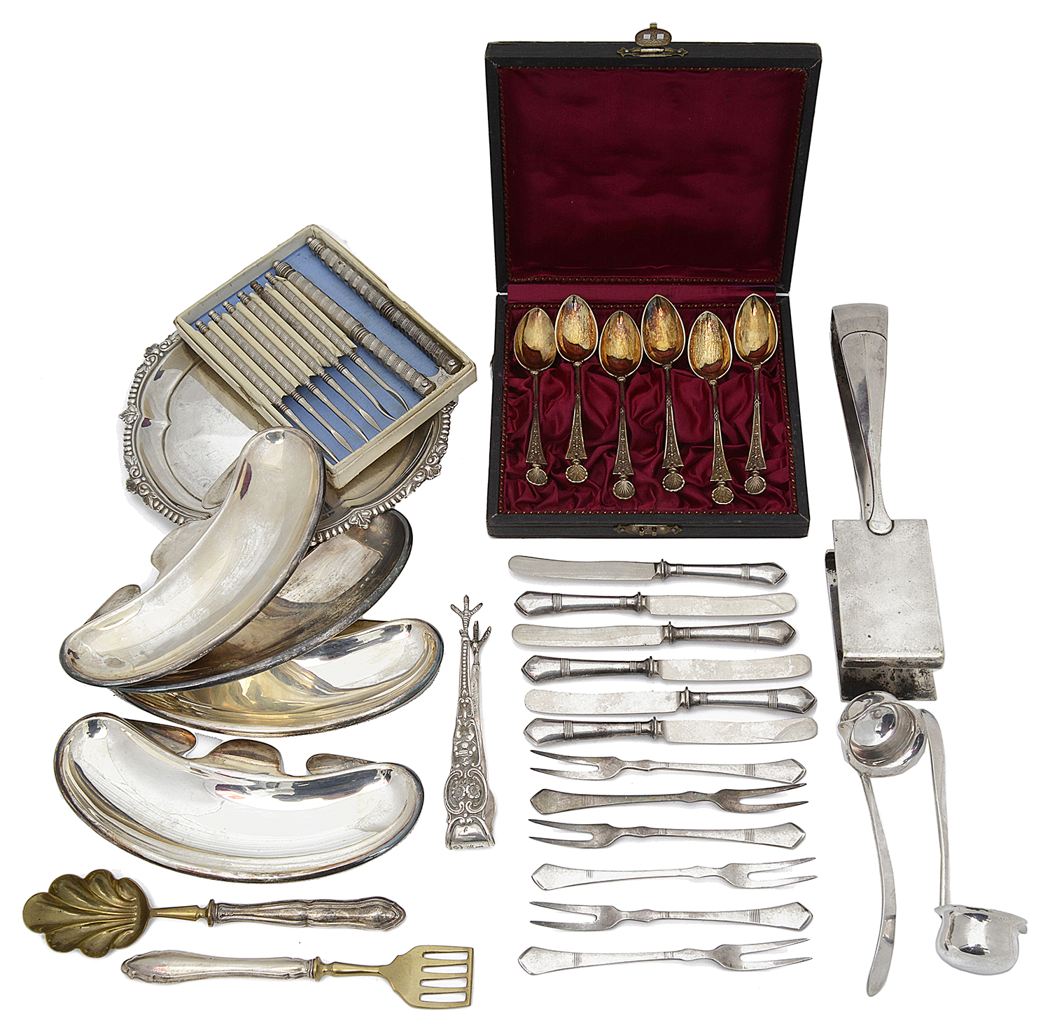 A collection of silver and plated items